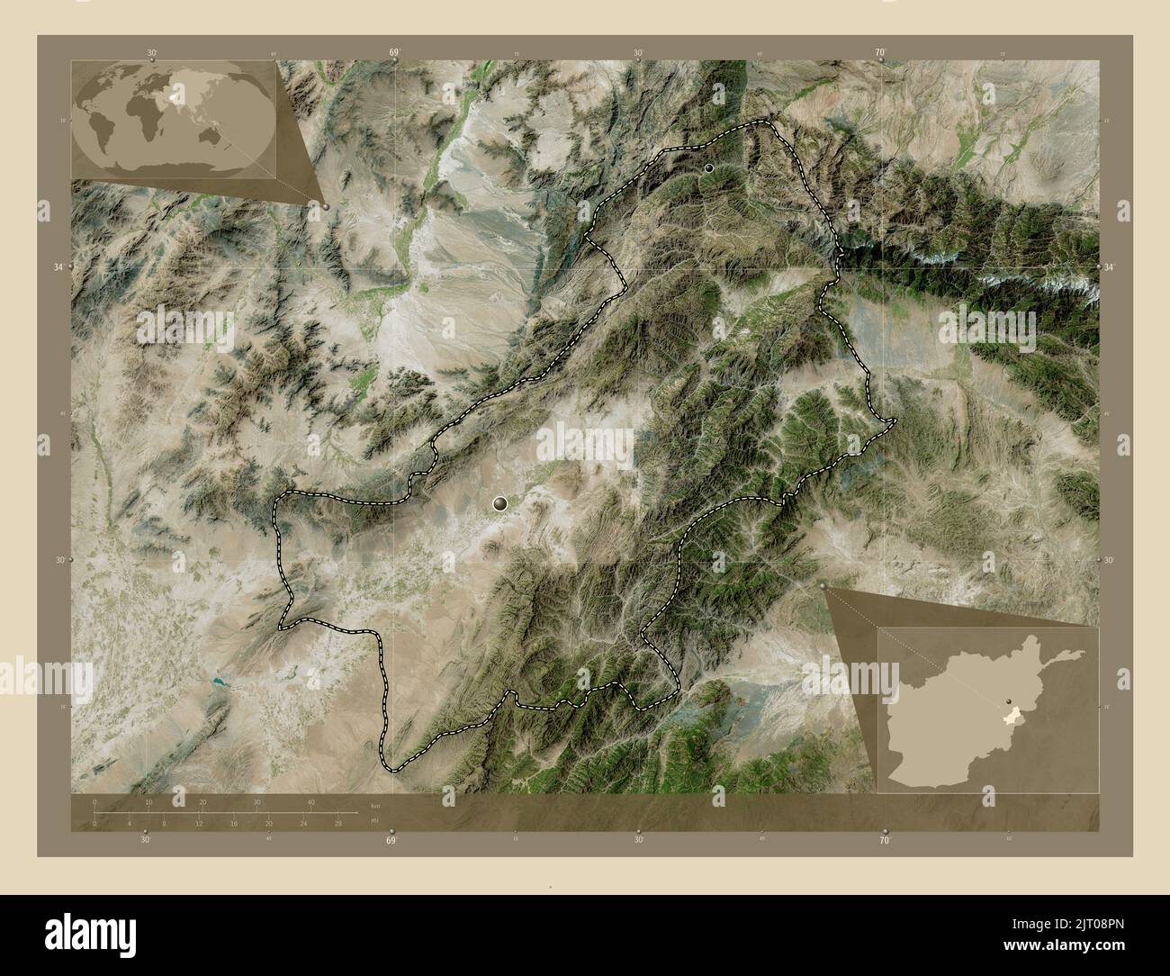 Paktya, province d'Afghanistan. Carte satellite haute résolution. Lieux des principales villes de la région. Cartes d'emplacement auxiliaire d'angle Banque D'Images