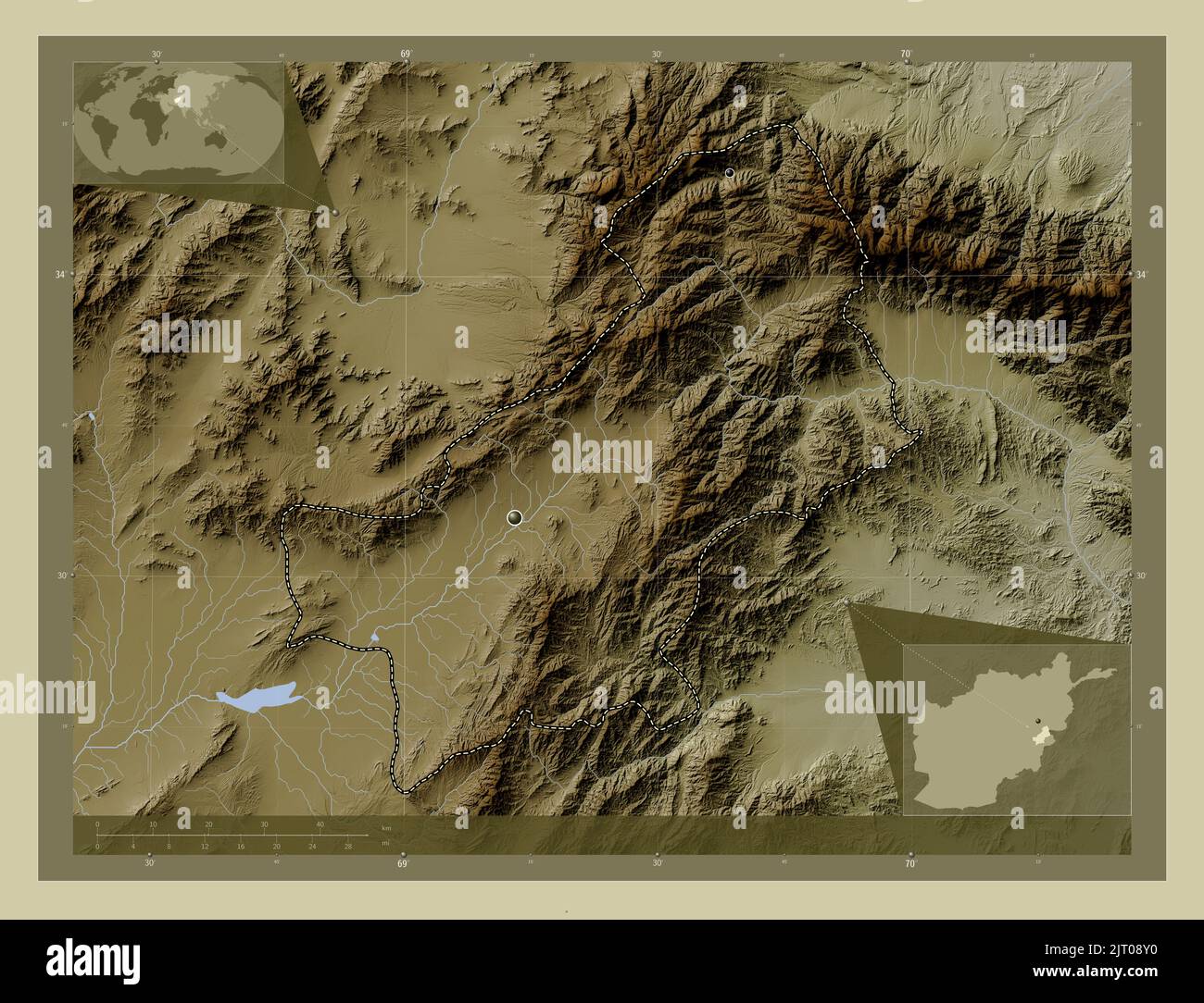 Paktya, province d'Afghanistan. Carte d'altitude colorée en style wiki avec lacs et rivières. Lieux des principales villes de la région. Coin auxiliaire Banque D'Images