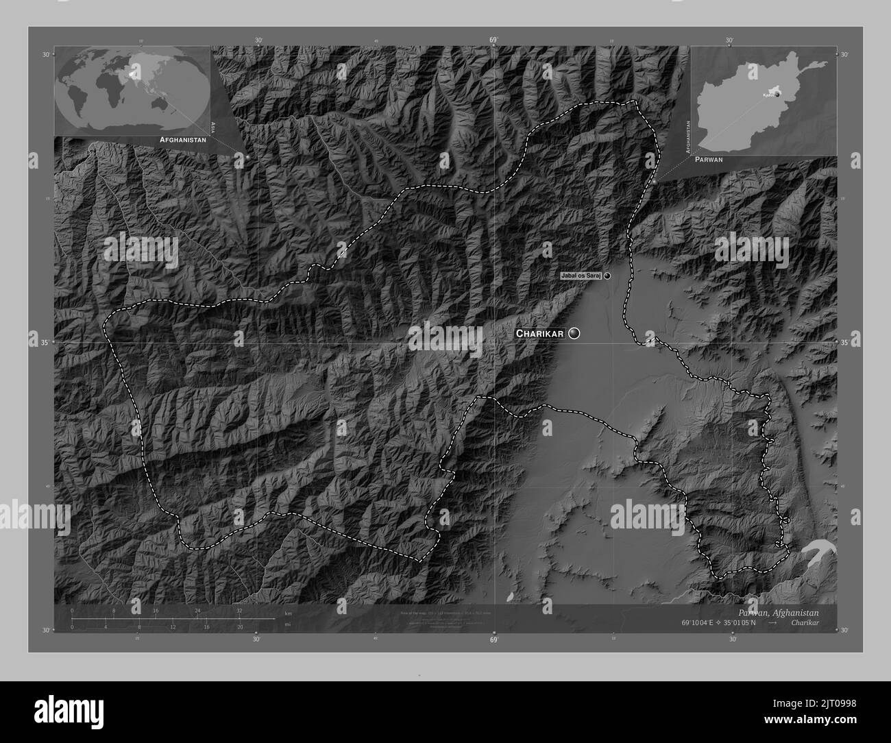 Parwan, province d'Afghanistan. Carte d'altitude en niveaux de gris avec lacs et rivières. Lieux et noms des principales villes de la région. Angle auxiliaire bas Banque D'Images