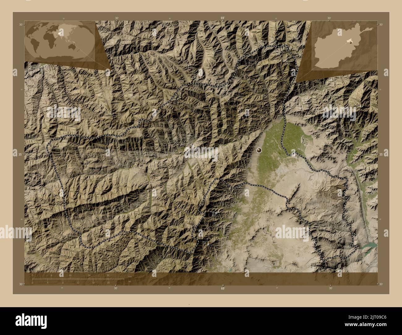 Parwan, province d'Afghanistan. Carte satellite basse résolution. Cartes d'emplacement auxiliaire d'angle Banque D'Images