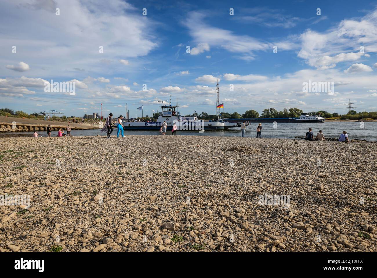 Duisburg, Rhénanie-du-Nord-Westphalie, Allemagne - lit de rivière sec dans le Rhin à l'atterrissage du ferry Walsum, ferry du Rhin Walsum-Orsoy. Après une longue sécheresse, le Banque D'Images