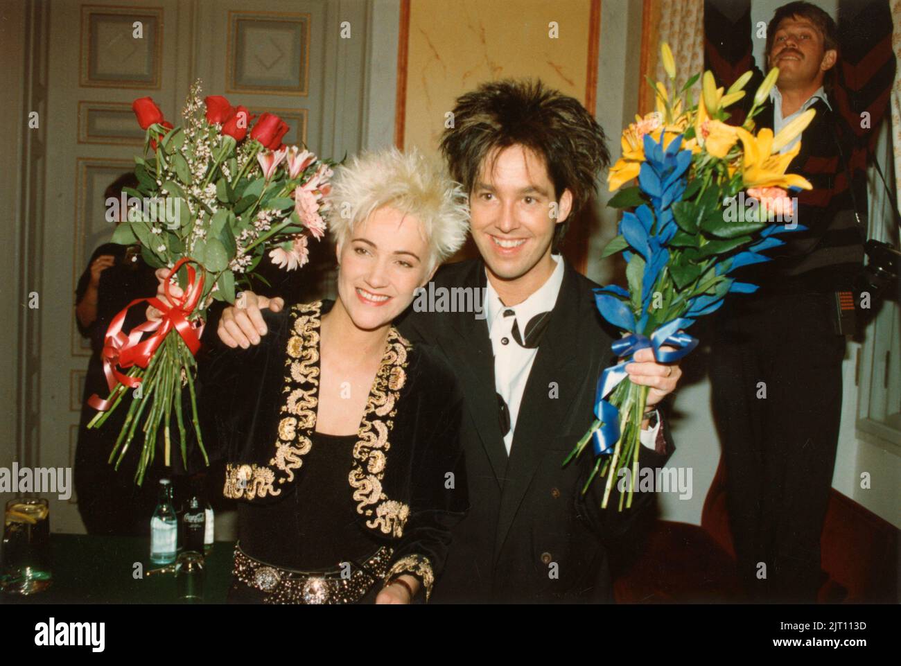 Marie Fredriksson. Né le 30 mai 1958 . 9 décembre 2019. Chanteur suédois, plus connu au niveau international comme le chanteur principal du duo pop rock Roxette, qui a remporté un succès international à la fin de 1980s et au début de 1990s avec ses albums look Sharp et Joyride. Photo avec Roxette per Gessle 1989. Banque D'Images