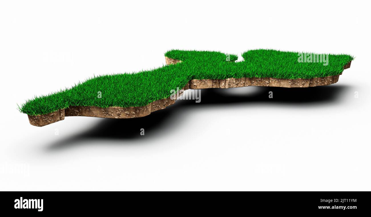 Une illustration en 3D d'une carte du Mozambique avec une texture d'herbe verte et de roc sur fond blanc Banque D'Images