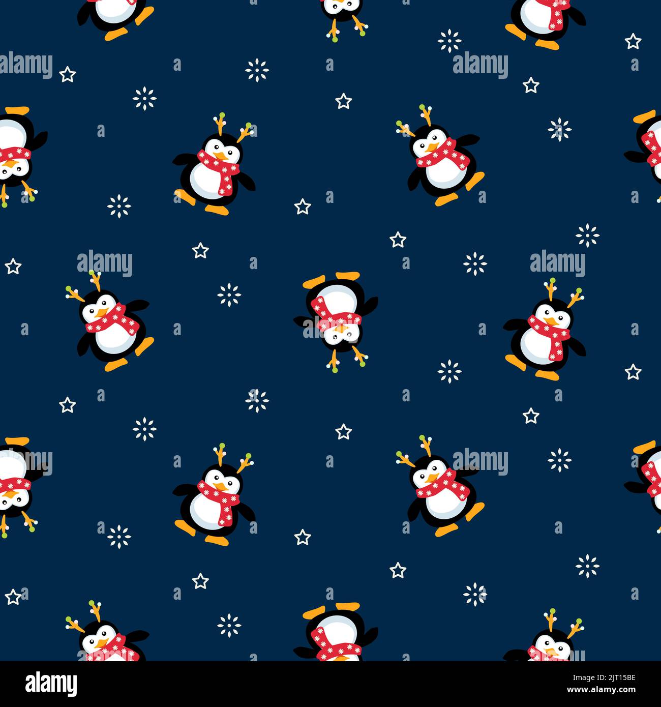 Motif pingouins de Noël sans coutures. Fond bleu avec neige et bonhomme de neige Illustration de Vecteur