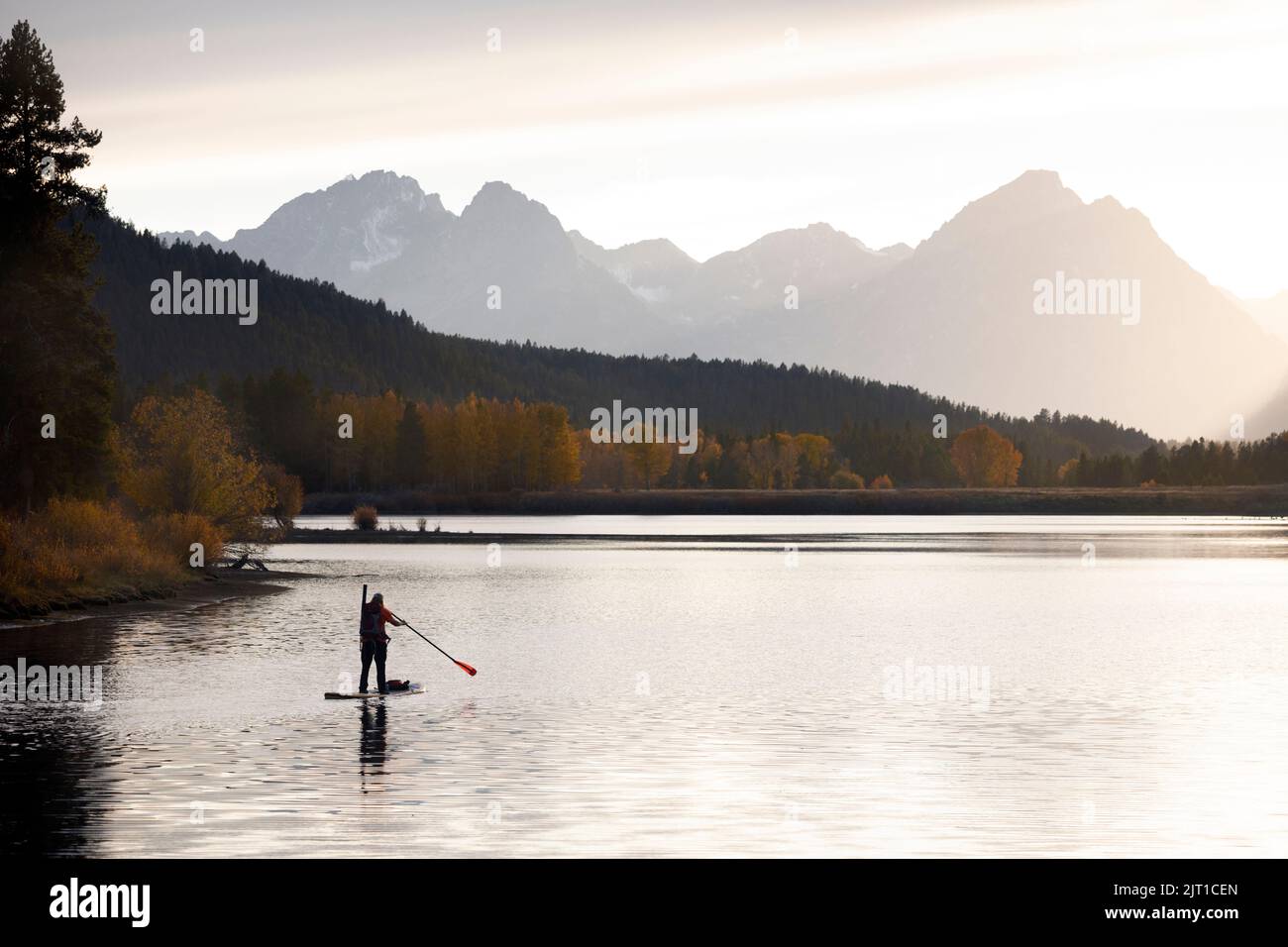 WY04994-00..... WYOMING - Paddle Boarder sur la rivière Snake à l'Ox Bow dans le parc national de Grand Teton. Banque D'Images