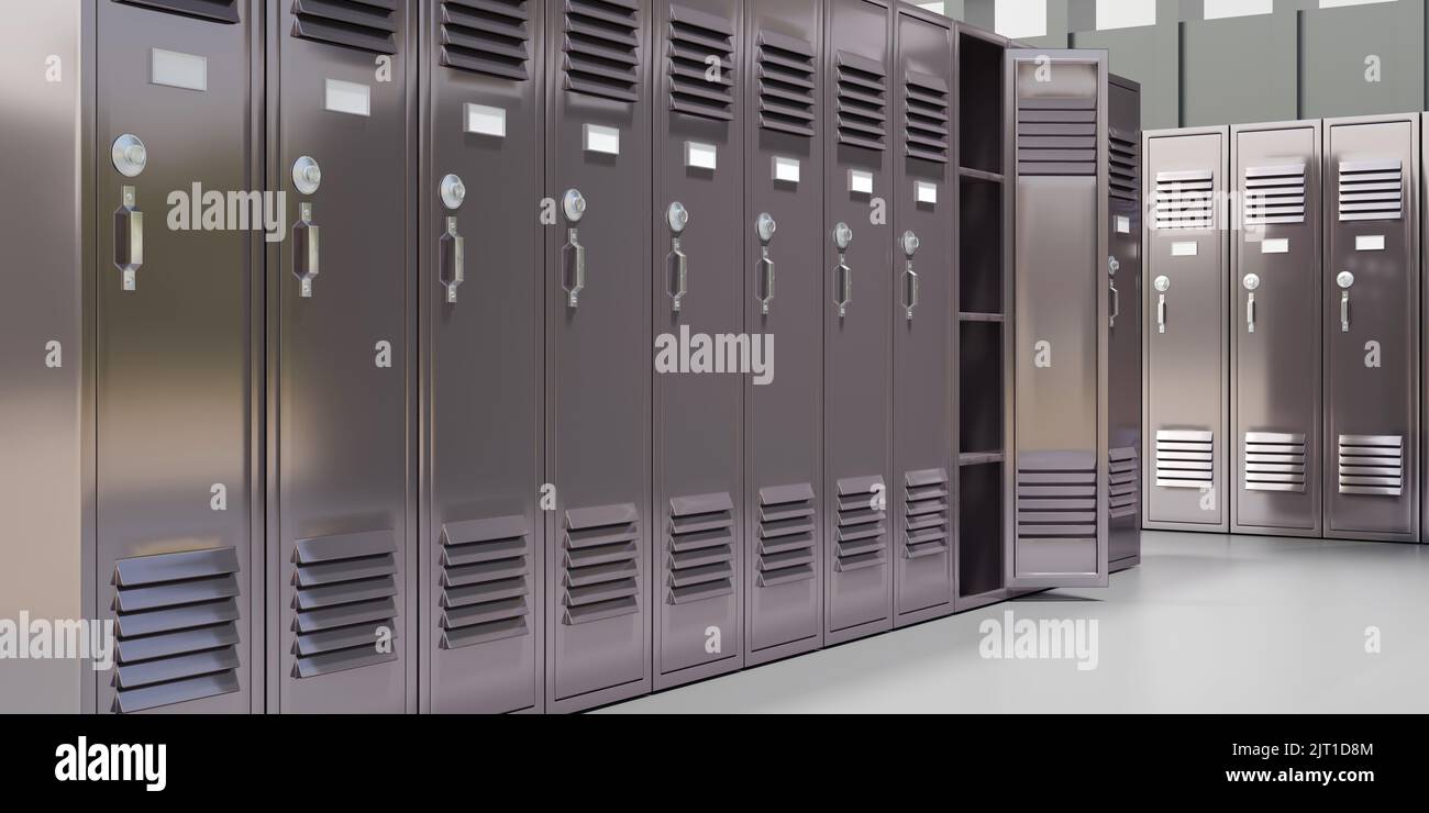 Vestiaires de salle de gym, intérieur vide du vestiaire. Armoires de rangement pour élèves, armoires en métal gris. 3d rendu Banque D'Images