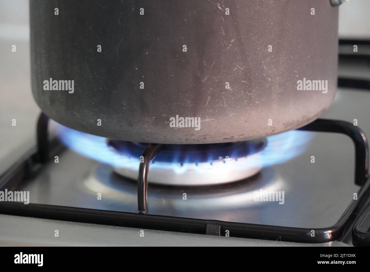 Gros plan de feu bleu de la cuisine domestique cuisinière, cuisinière à gaz avec flammes de gaz propane Banque D'Images