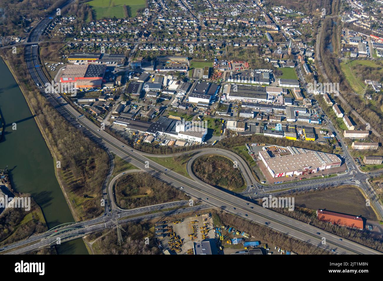 Vue aérienne, zone industrielle Feldstraße et Emschertalstraße, sortie d'autoroute Buschhausen, Buschhausen, Oberhausen, zone de Ruhr, Rhénanie-du-Nord-Westphalie, GE Banque D'Images