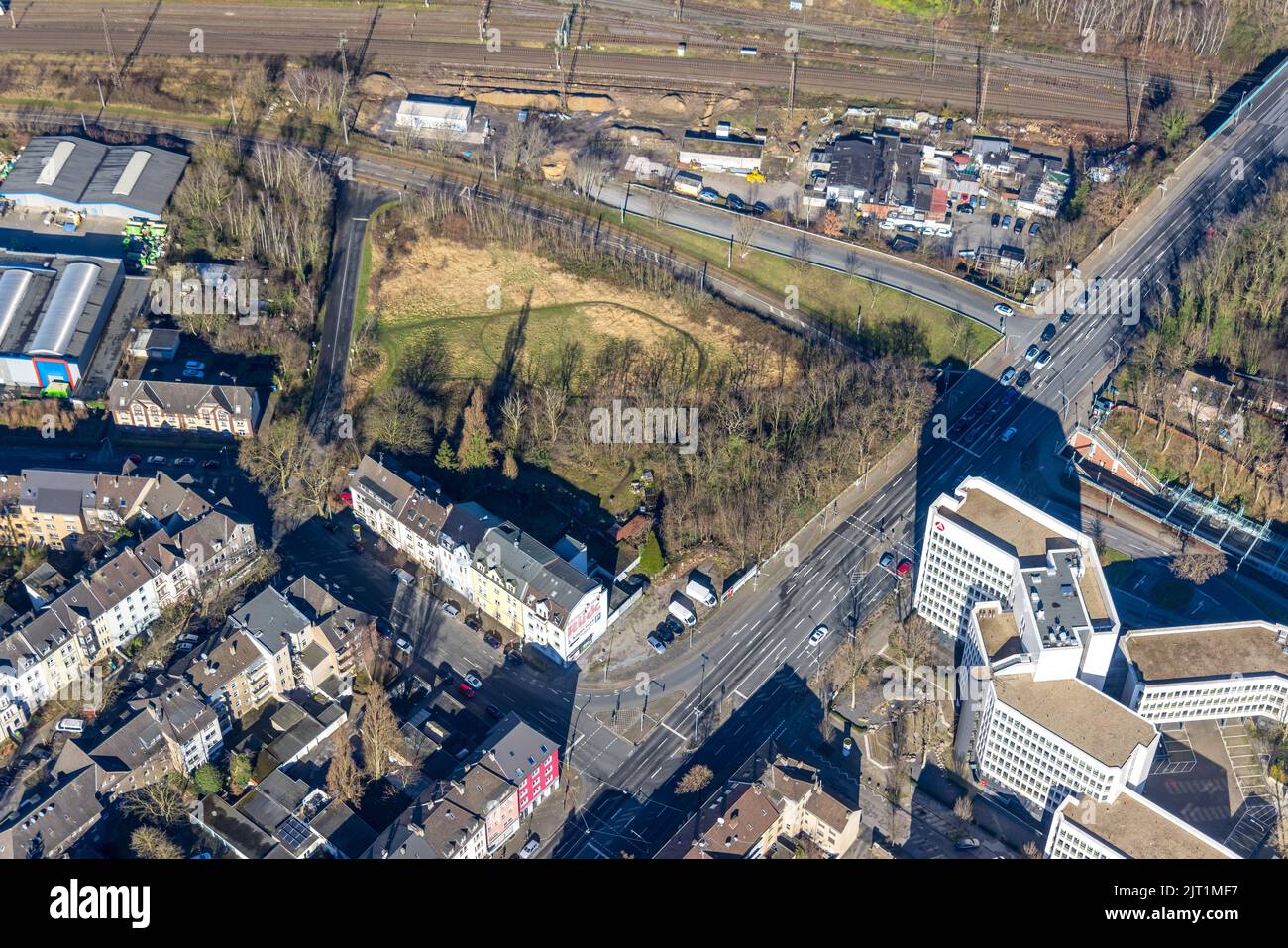 Vue aérienne, nouvel emplacement possible pour le quartier général de la police, Tannenbergstraße angle Mülheimer Straße, Marienviertel, Oberhausen, région de Ruhr, Rhin Nord Banque D'Images