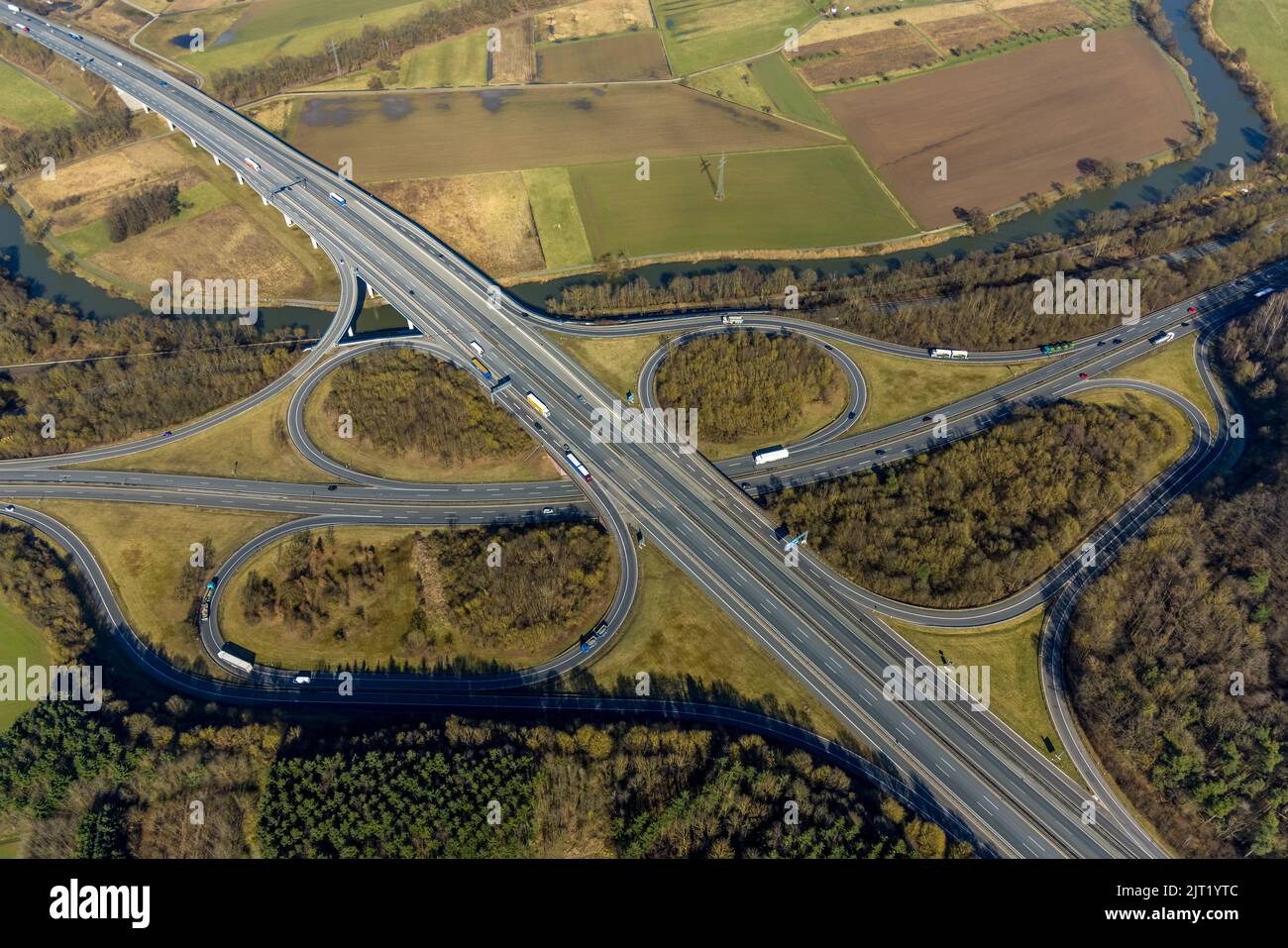 Autobahnkreuz Wetzlar-Ost, Autobahn A45 et Bundesstraße B49, Garbenheim, Wetzlar, Sauerland, Hesse, Allemagne, Autobahn, Autobahn A45, Autobahnanschlus Banque D'Images