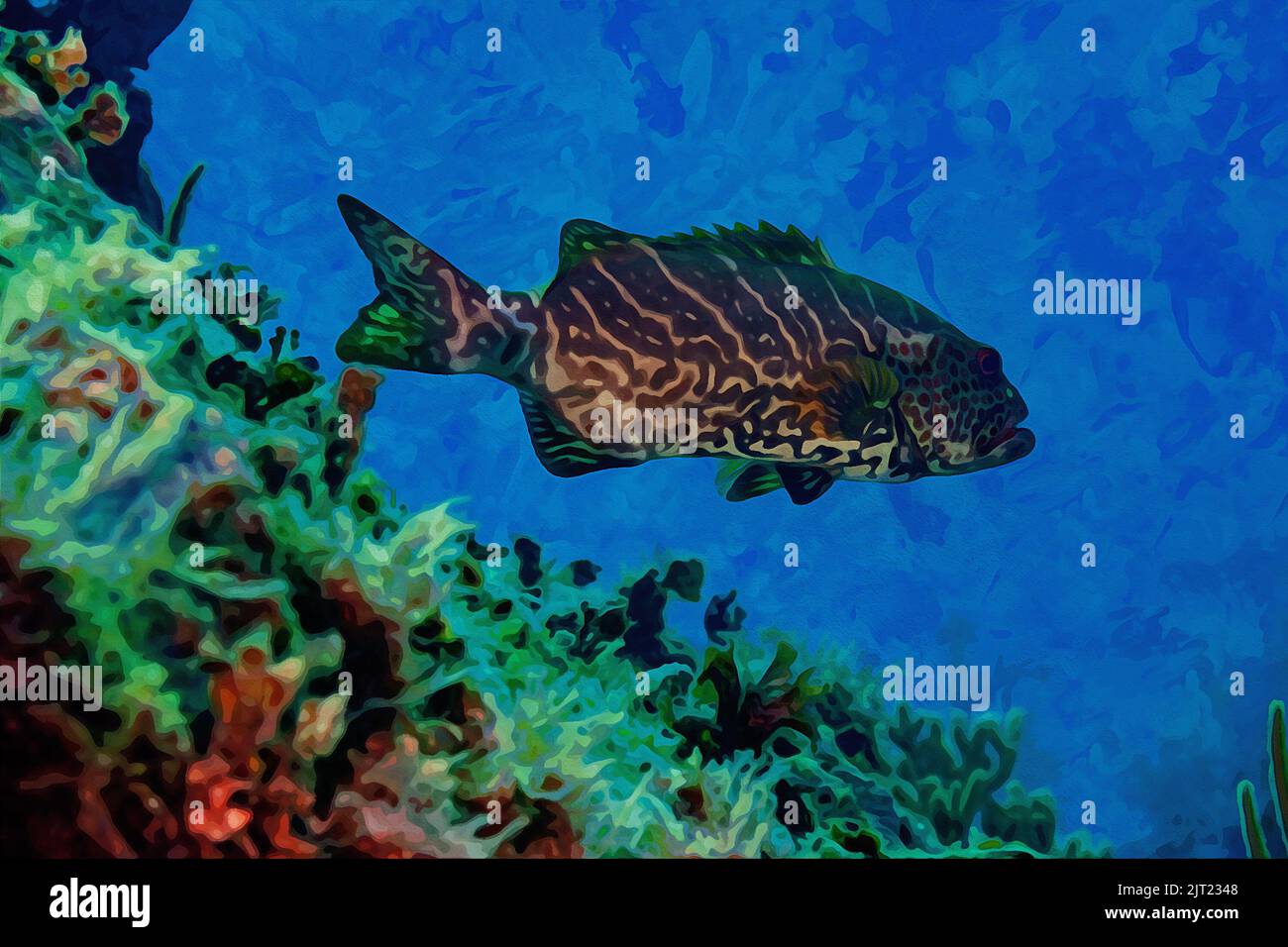 Création numérique de peinture aquarelle d'un Grouper de tigre nageant au-dessus du corail Banque D'Images