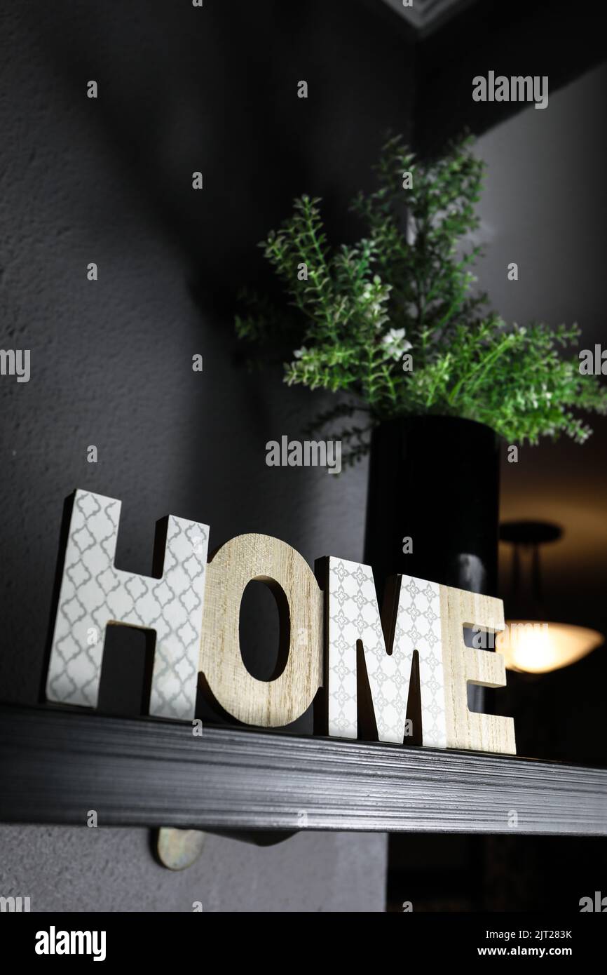 Un cliché vertical d'une décoration en bois avec le mot HOME placé sur une étagère à côté des plantes Banque D'Images