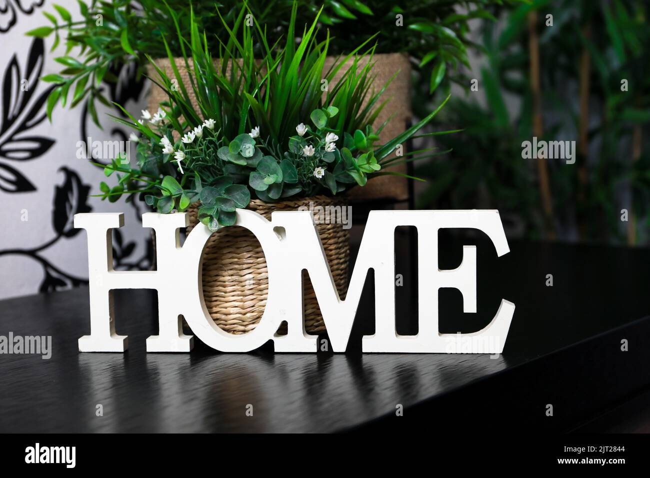 Une décoration en bois avec le mot HOME placé sur une étagère à côté des plantes Banque D'Images