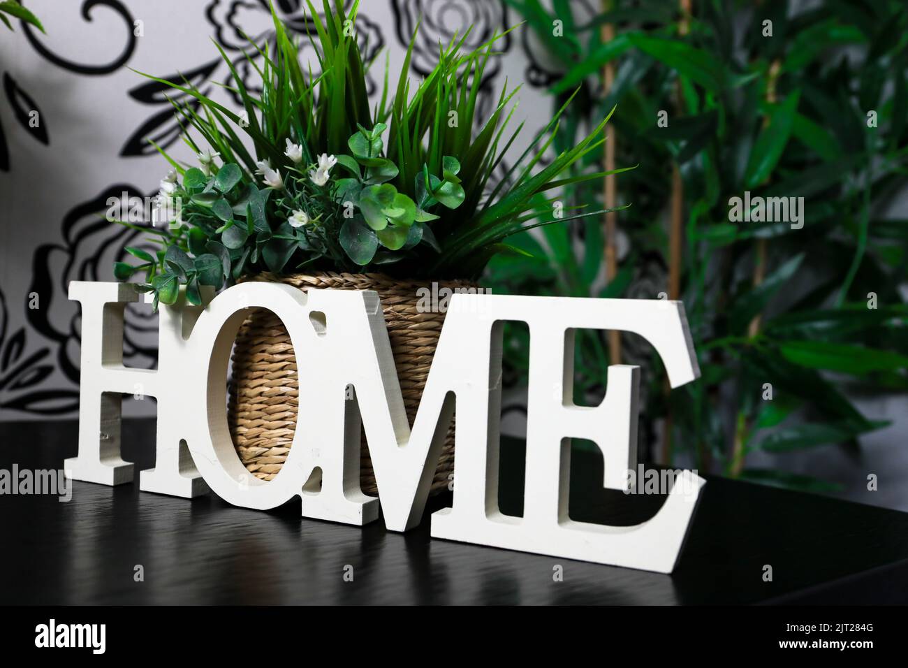 Une décoration en bois avec le mot HOME placé sur une étagère à côté des plantes Banque D'Images