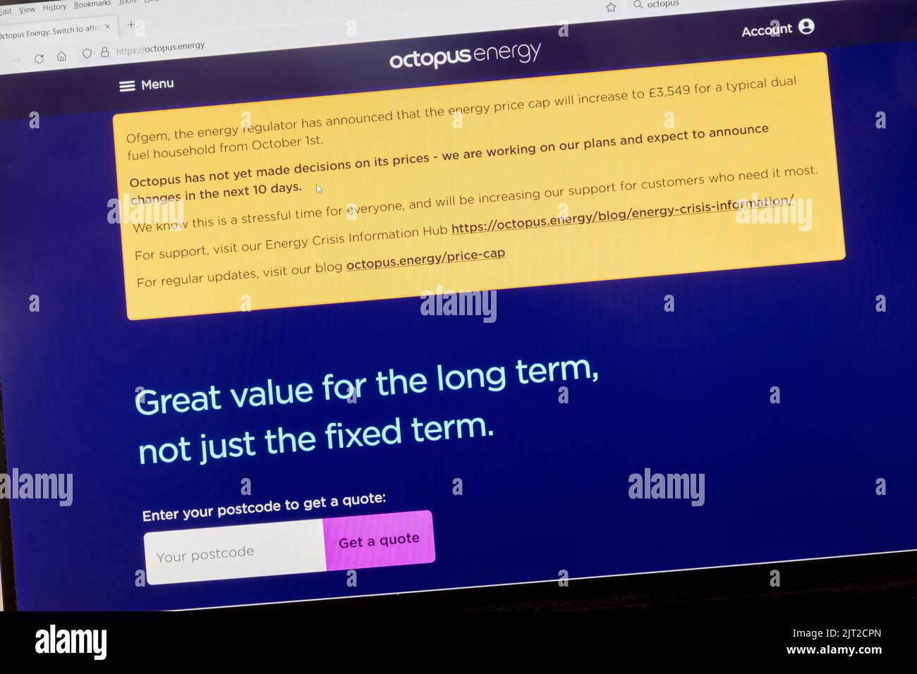 Site Internet d'Octopus Energy avec message concernant le plafond des prix de l'énergie. Banque D'Images