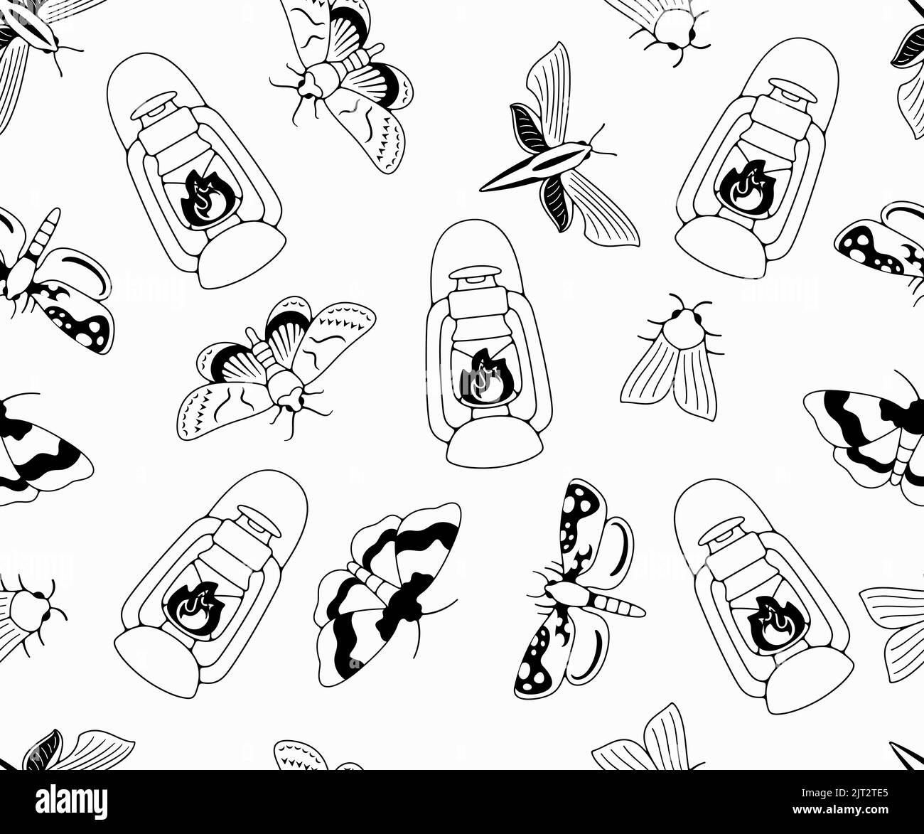 Papillons et papillons, lampe à kérosène, lanterne à huile ancienne et lampe à huile, fond vectoriel sans couture dans le contour, motif. Insectes volants, nature, entomologie Illustration de Vecteur
