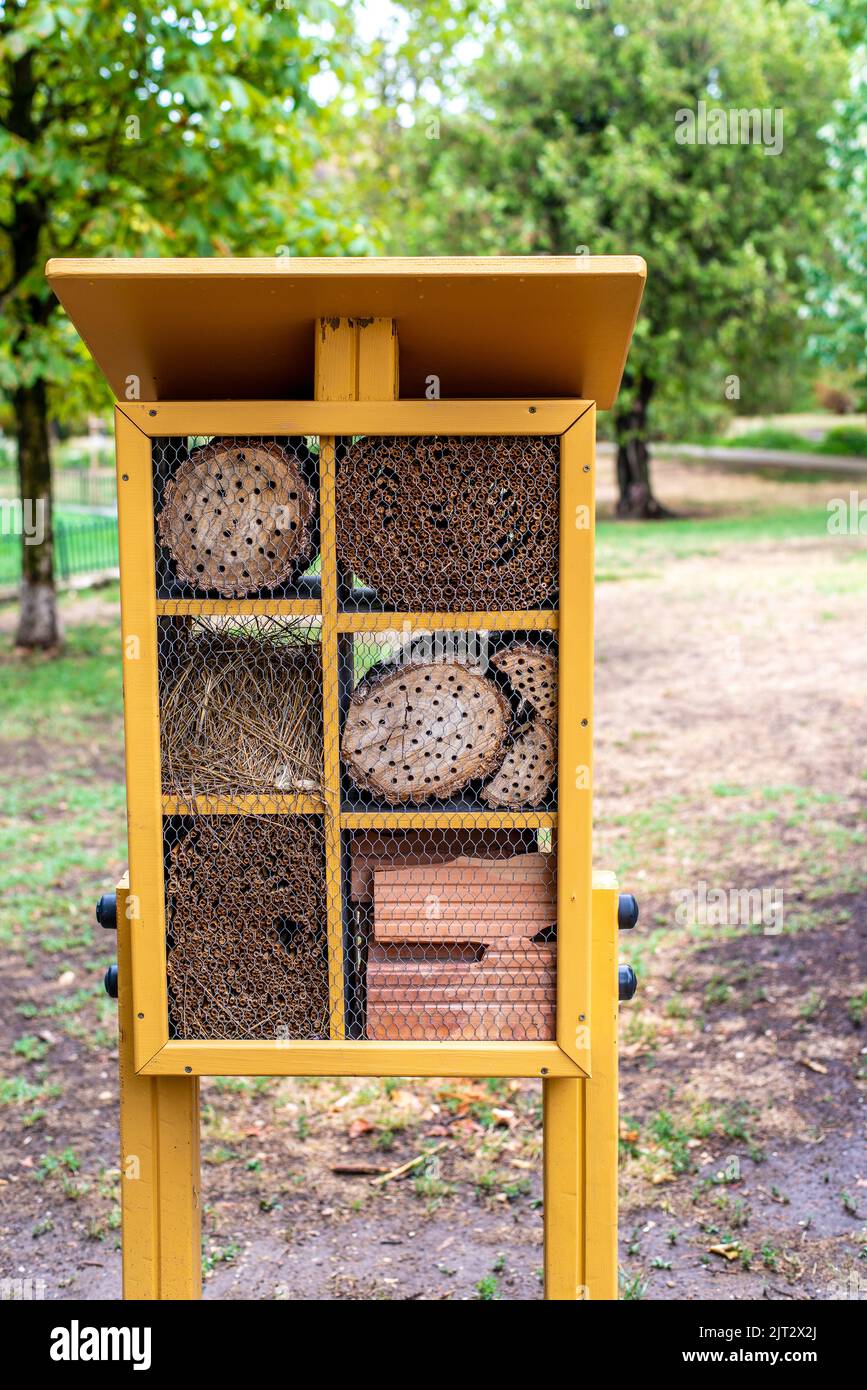 Hôtel d'insectes, un hôtel pour les insectes dans le jardin de permaculture, l'argiculture. Banque D'Images