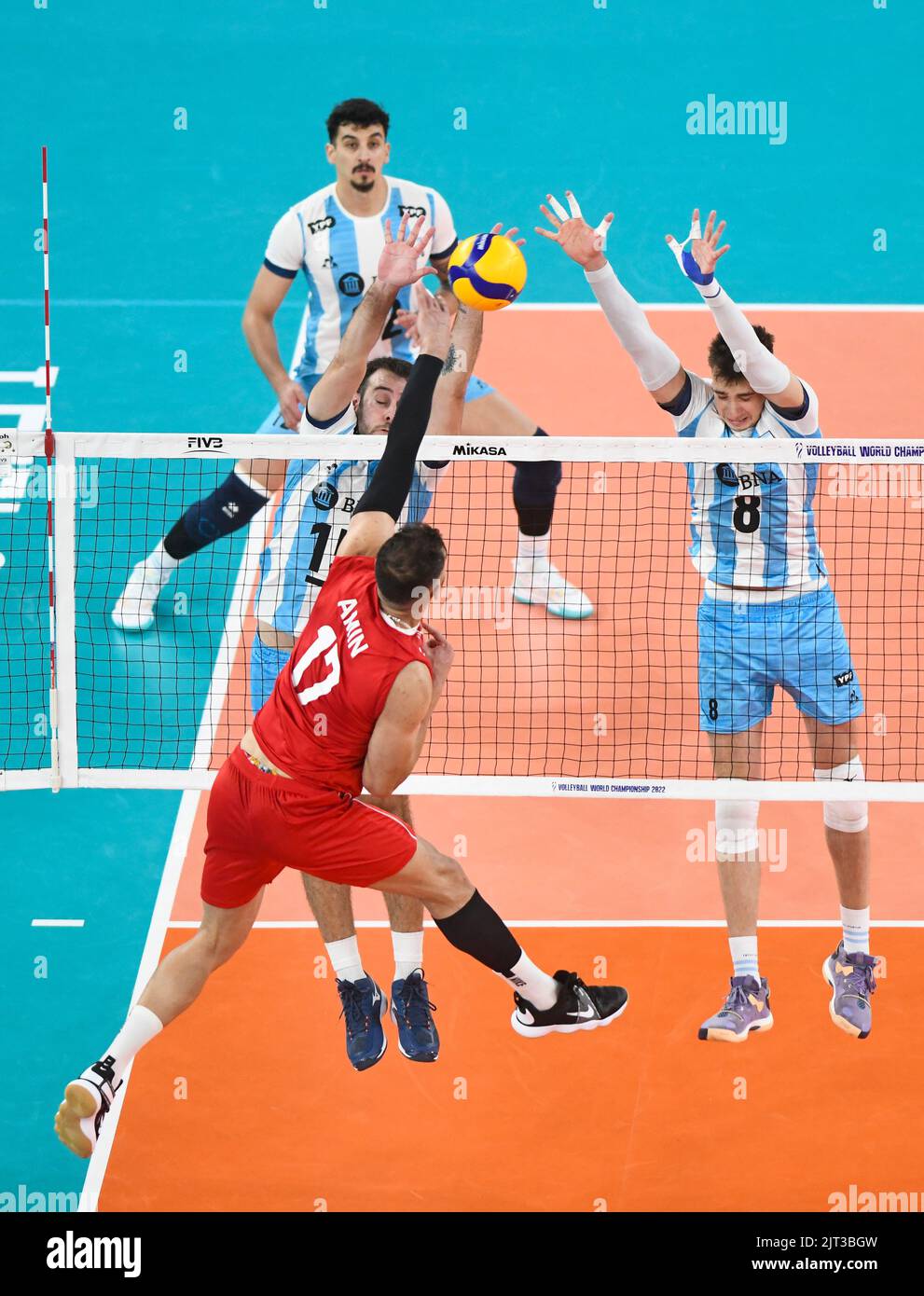 Amin Esmaeilnezhad (Iran), Luciano de Cecco, Agustin Loser (Argentine). Championnat du monde de volleyball 2022. Banque D'Images