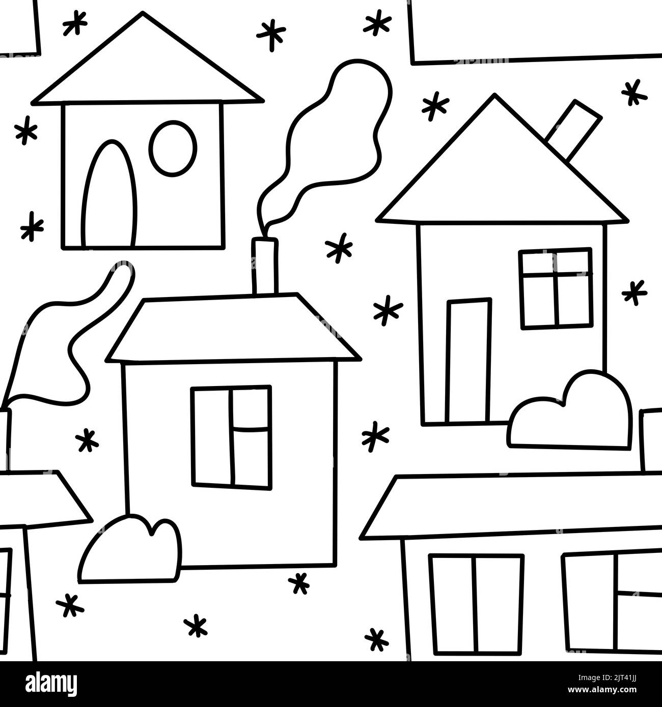 Motif noir et blanc sans couture dessiné à la main avec ornements arbres d'hiver de Noël. Nordic nouvel an décembre simple une ligne design minimaliste, joli imprimé en tissu, style dessin animé Doodle Banque D'Images