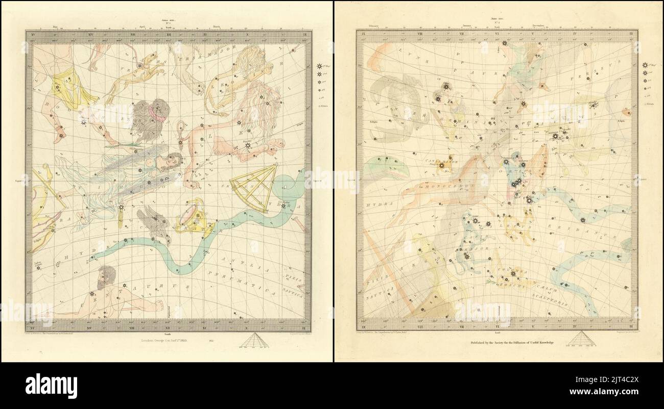 Deux cartes célestes de 1830 de SDUK représentant plusieurs constellations. Banque D'Images