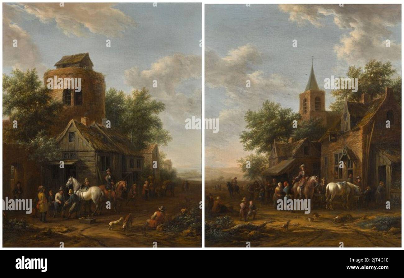 Deux scènes de village avec cavaliers par une taverne . Banque D'Images