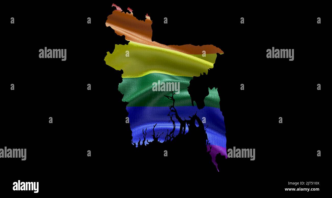 Territoire du Bangladesh contour de la forme avec le drapeau arc-en-ciel LGBT sur fond noir. Banque D'Images Territoire du Bangladesh contour de la forme avec le drapeau arc-en-ciel LGBT sur fond noir. Banque D'Images