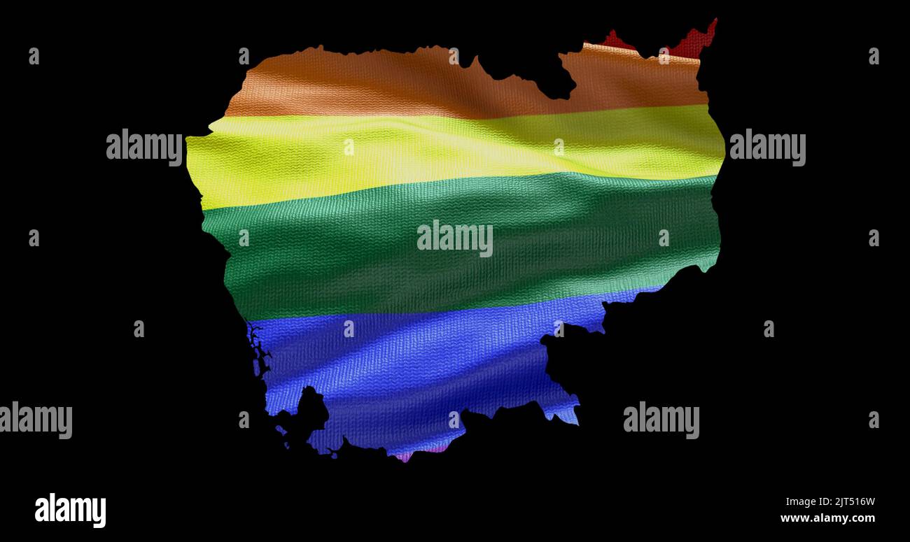 Territoire du Cambodge contour de la forme avec le drapeau arc-en-ciel LGBT sur fond noir. Banque D'Images Territoire du Cambodge contour de la forme avec le drapeau arc-en-ciel LGBT sur fond noir. Banque D'Images