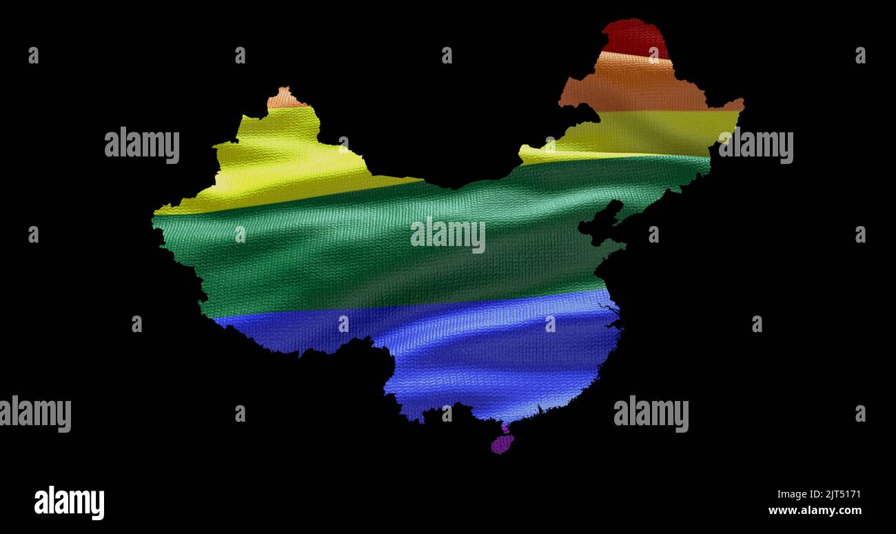Territoire de la Chine contour de la forme avec le drapeau arc-en-ciel LGBT sur fond noir. Banque D'Images Territoire de la Chine contour de la forme avec le drapeau arc-en-ciel LGBT sur fond noir. Banque D'Images