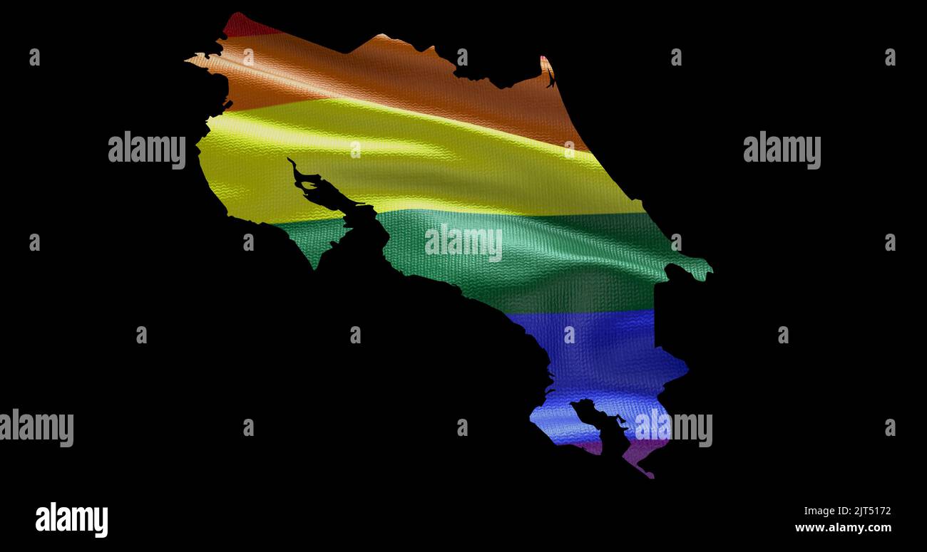 Territoire du pays Costa Rica contour de la forme avec le drapeau arc-en-ciel LGBT sur fond noir. Banque D'Images Territoire du pays Costa Rica contour de la forme avec le drapeau arc-en-ciel LGBT sur fond noir. Banque D'Images
