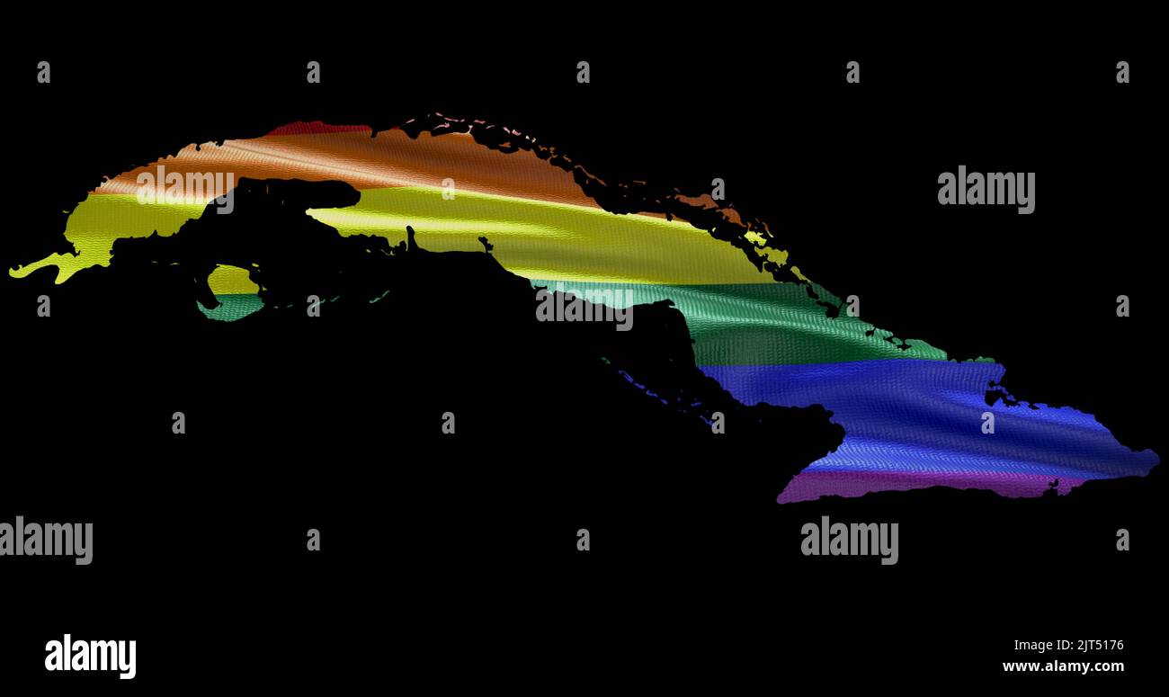 Territoire de Cuba contour de la forme avec le drapeau arc-en-ciel LGBT sur fond noir. Banque D'Images Territoire de Cuba contour de la forme avec le drapeau arc-en-ciel LGBT sur fond noir. Banque D'Images