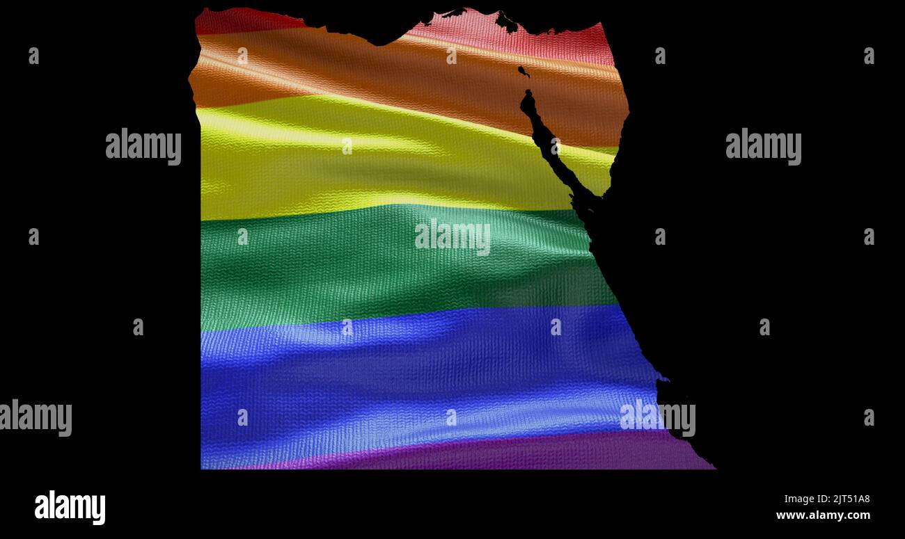 Territoire du pays d'Égypte contour forme avec le drapeau LGBT arc-en-ciel sur fond noir. Banque D'Images Territoire du pays d'Égypte contour forme avec le drapeau LGBT arc-en-ciel sur fond noir. Banque D'Images