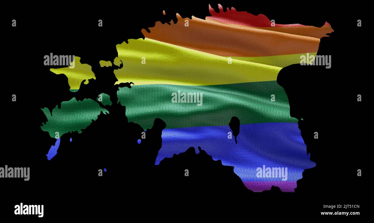 Territoire de l'Estonie contour de la forme avec le drapeau arc-en-ciel LGBT sur fond noir. Banque D'Images Territoire de l'Estonie contour de la forme avec le drapeau arc-en-ciel LGBT sur fond noir. Banque D'Images