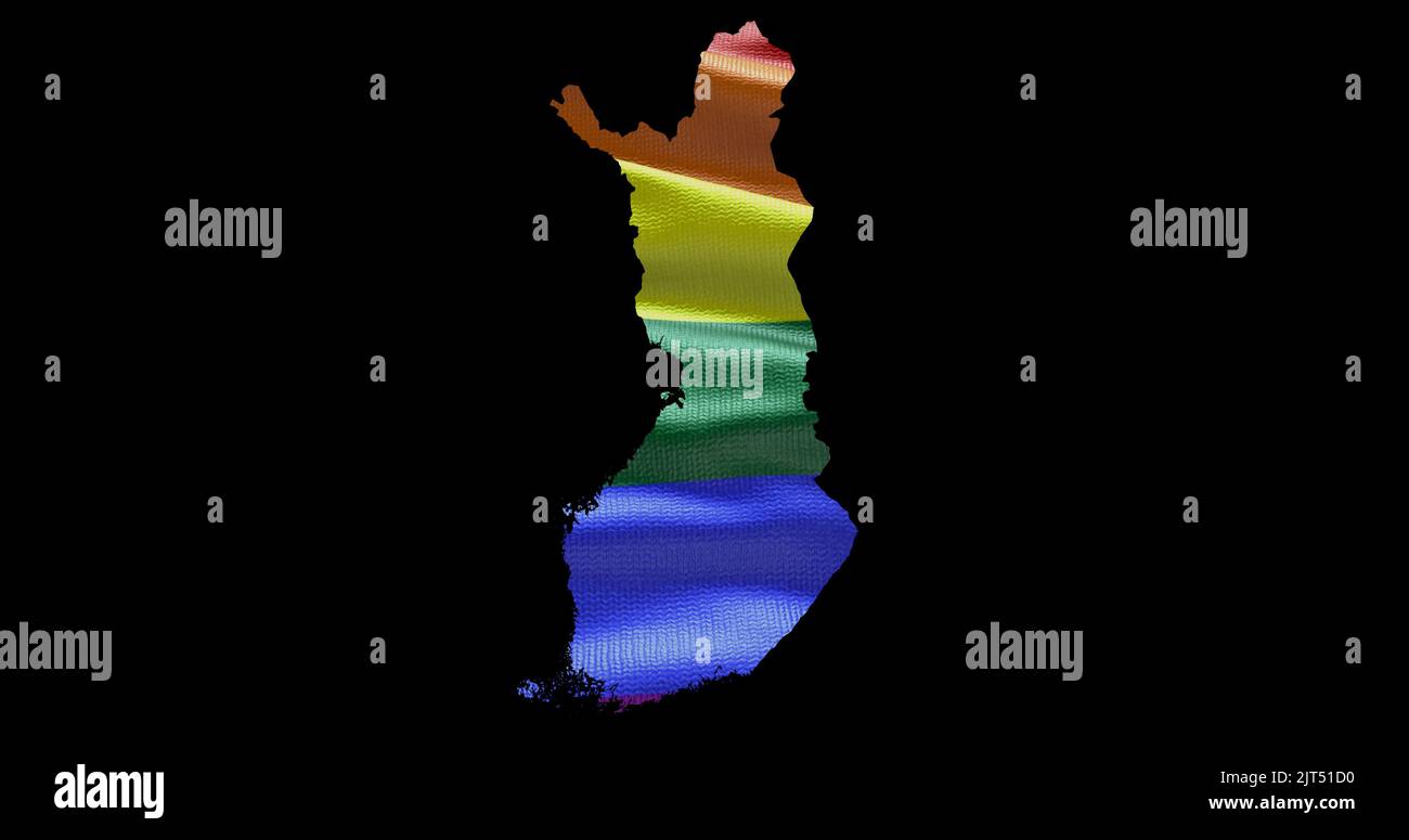 Territoire de la Finlande contour de la forme avec le drapeau arc-en-ciel LGBT sur fond noir. Banque D'Images