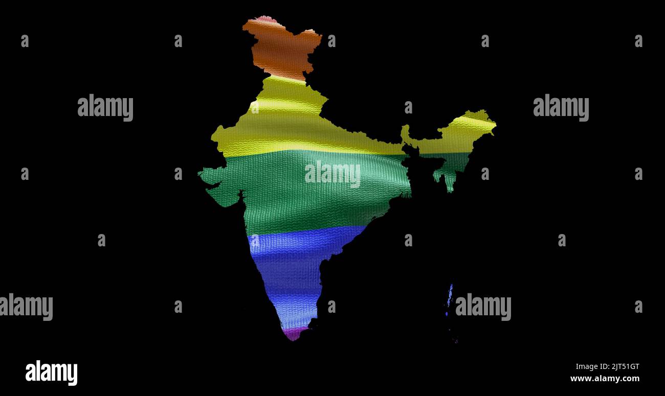 Territoire de l'Inde contour de la forme avec le drapeau arc-en-ciel LGBT sur fond noir. Banque D'Images Territoire de l'Inde contour de la forme avec le drapeau arc-en-ciel LGBT sur fond noir. Banque D'Images
