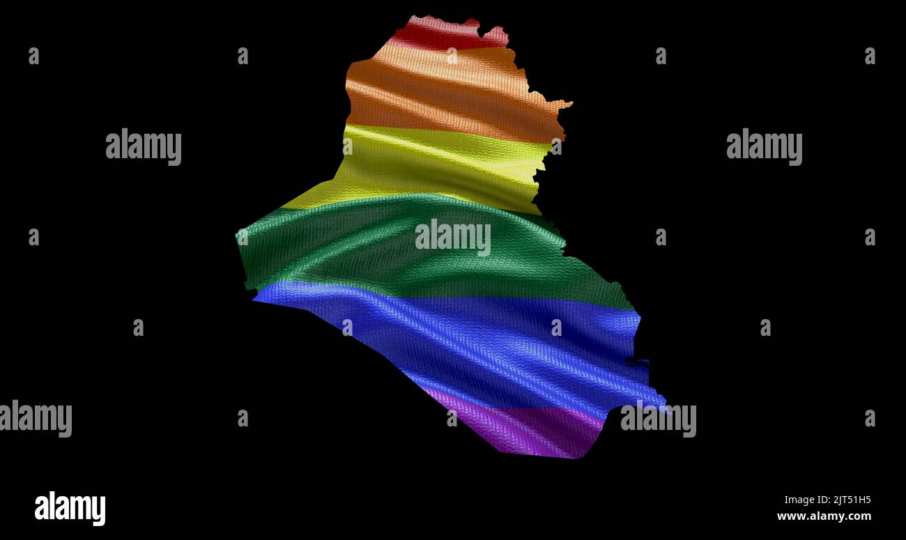 Territoire du pays d'Irak contour forme avec le drapeau arc-en-ciel LGBT sur fond noir. Banque D'Images
