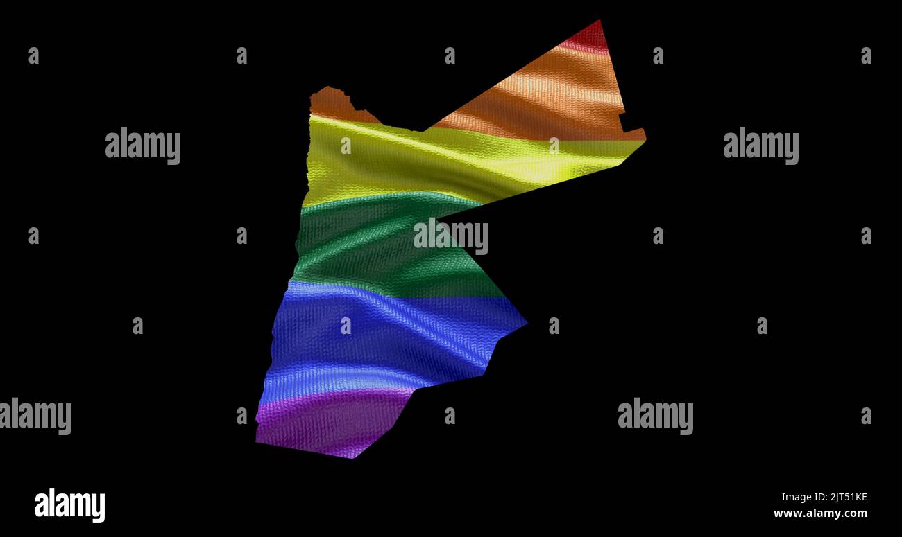 Contour du territoire de la Jordanie avec le drapeau arc-en-ciel LGBT sur fond noir. Banque D'Images Contour du territoire de la Jordanie avec le drapeau arc-en-ciel LGBT sur fond noir. Banque D'Images