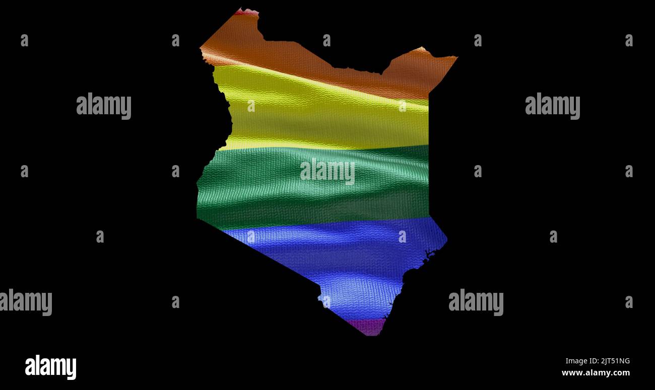 Territoire du Kenya contour de la forme avec le drapeau arc-en-ciel LGBT sur fond noir. Banque D'Images Territoire du Kenya contour de la forme avec le drapeau arc-en-ciel LGBT sur fond noir. Banque D'Images