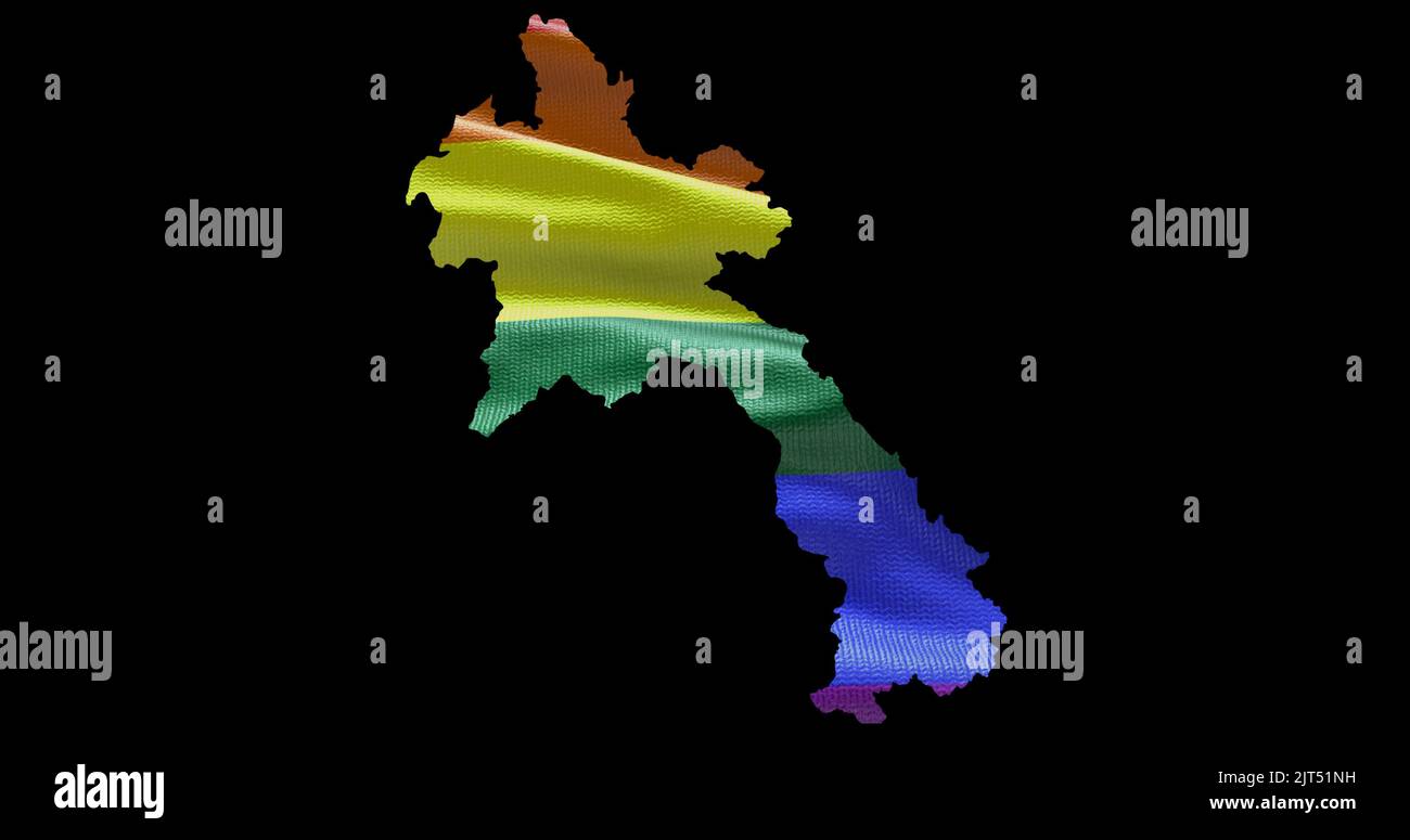 Territoire du Laos contour de la forme avec le drapeau LGBT arc-en-ciel sur fond noir. Banque D'Images