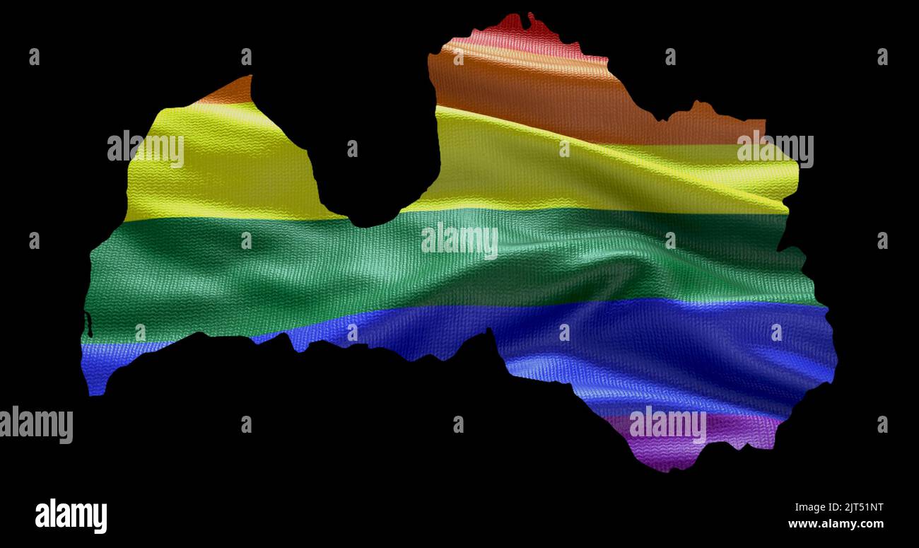Territoire de la Lettonie contour de la forme avec le drapeau arc-en-ciel LGBT sur fond noir. Banque D'Images Territoire de la Lettonie contour de la forme avec le drapeau arc-en-ciel LGBT sur fond noir. Banque D'Images