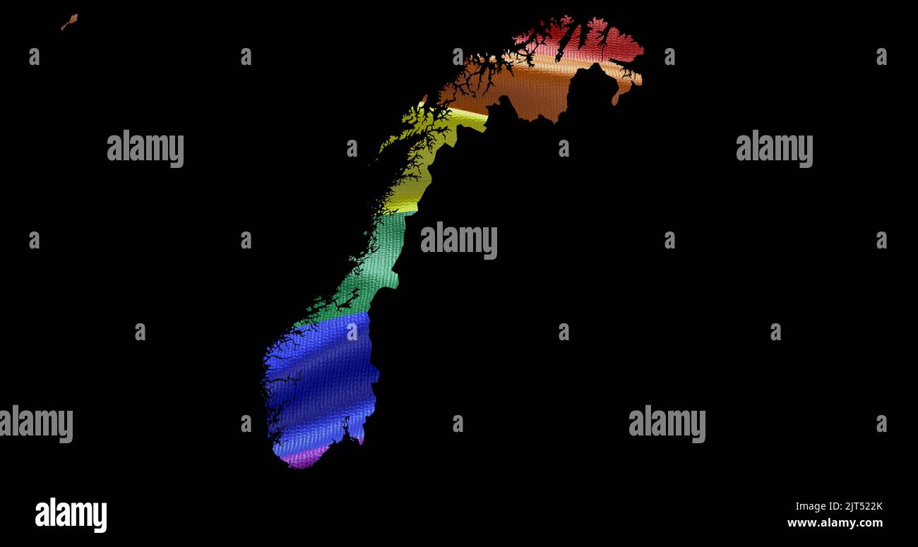 Territoire de la Norvège contour de la forme avec le drapeau arc-en-ciel LGBT sur fond noir. Banque D'Images Territoire de la Norvège contour de la forme avec le drapeau arc-en-ciel LGBT sur fond noir. Banque D'Images