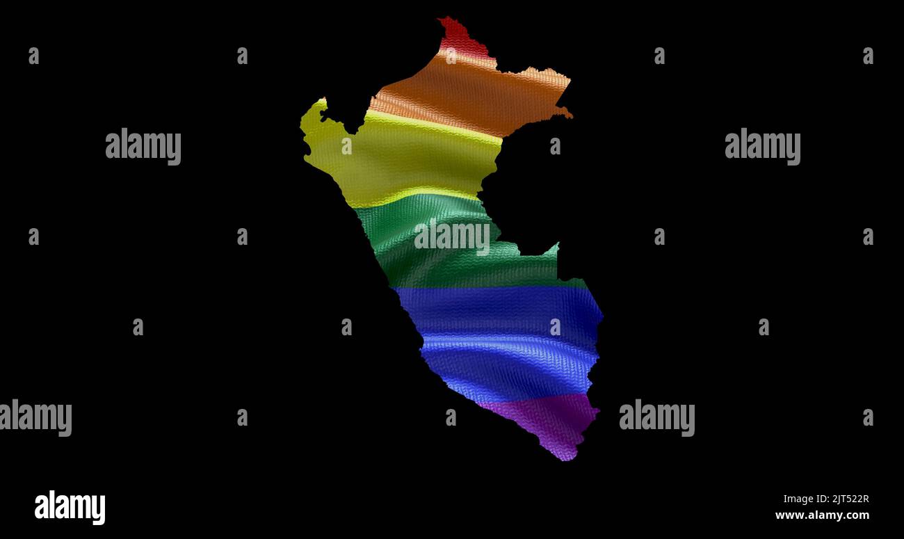 Territoire du Pérou contour de la forme avec le drapeau arc-en-ciel LGBT sur fond noir. Banque D'Images Territoire du Pérou contour de la forme avec le drapeau arc-en-ciel LGBT sur fond noir. Banque D'Images