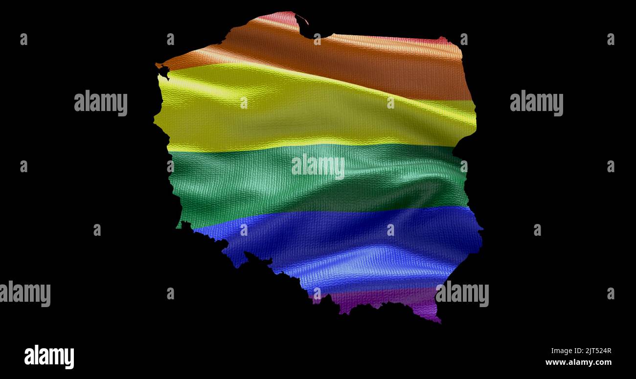 Territoire de la Pologne contour de la forme avec le drapeau arc-en-ciel LGBT sur fond noir. Banque D'Images Territoire de la Pologne contour de la forme avec le drapeau arc-en-ciel LGBT sur fond noir. Banque D'Images