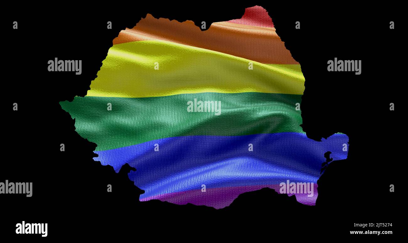 Territoire de la Roumanie contour de la forme avec le drapeau arc-en-ciel LGBT sur fond noir. Banque D'Images