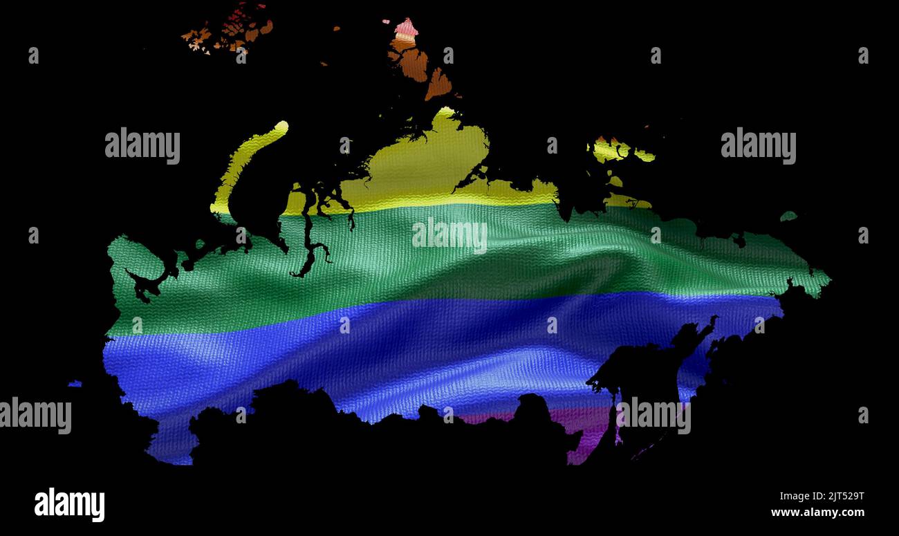 Territoire de la Russie contour de la forme avec le drapeau arc-en-ciel LGBT sur fond noir. Banque D'Images Territoire de la Russie contour de la forme avec le drapeau arc-en-ciel LGBT sur fond noir. Banque D'Images