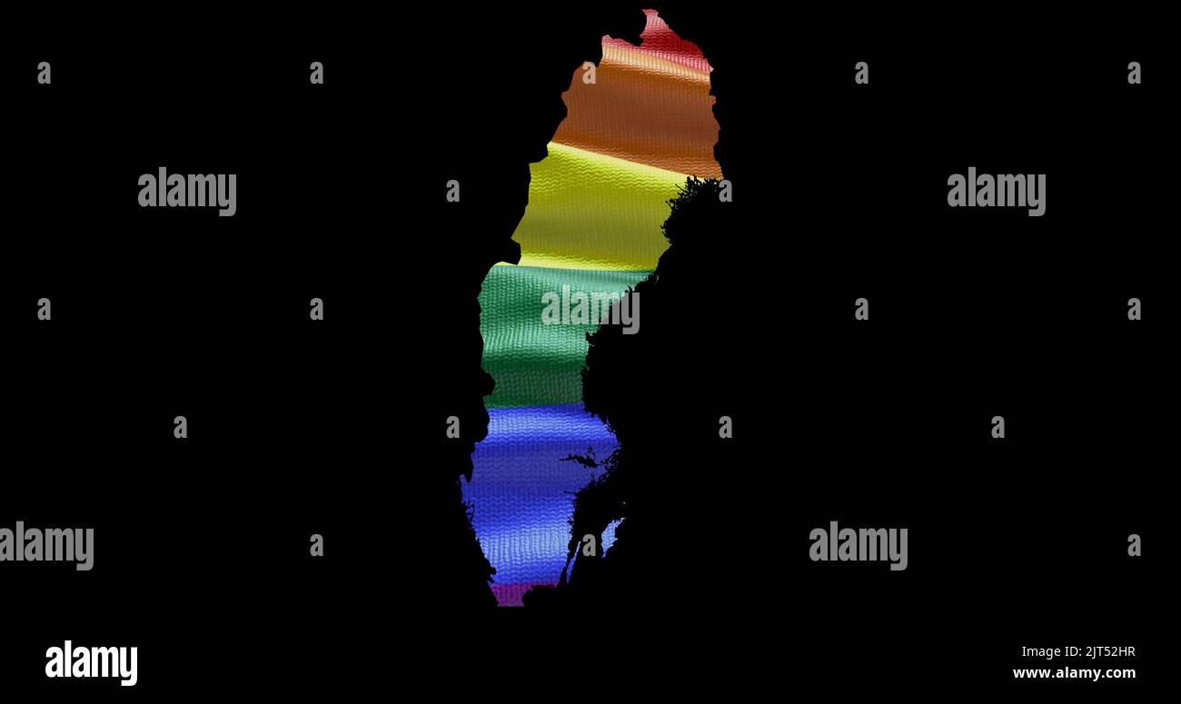 Territoire de la Suède contour de la forme avec le drapeau arc-en-ciel LGBT sur fond noir. Banque D'Images Territoire de la Suède contour de la forme avec le drapeau arc-en-ciel LGBT sur fond noir. Banque D'Images