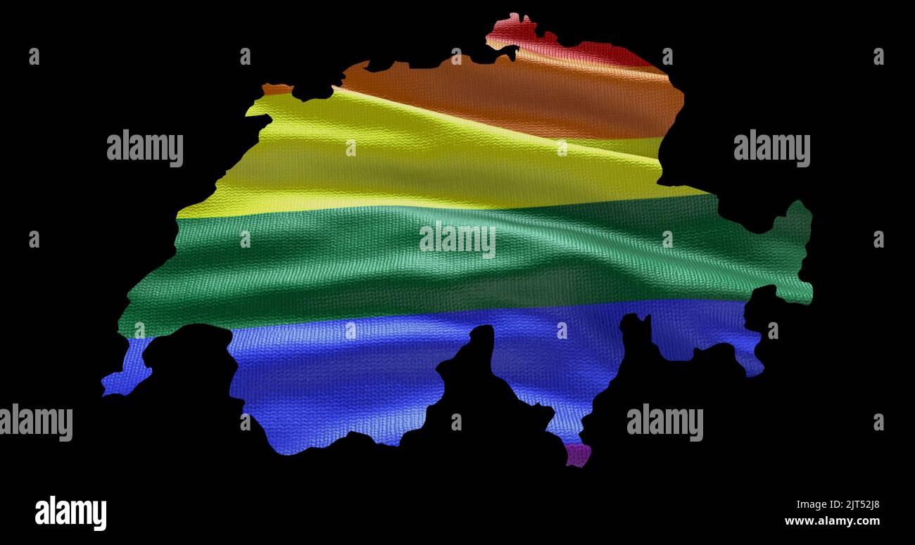 Territoire suisse contour de la forme avec le drapeau LGBT arc-en-ciel sur fond noir. Banque D'Images Territoire suisse contour de la forme avec le drapeau LGBT arc-en-ciel sur fond noir. Banque D'Images