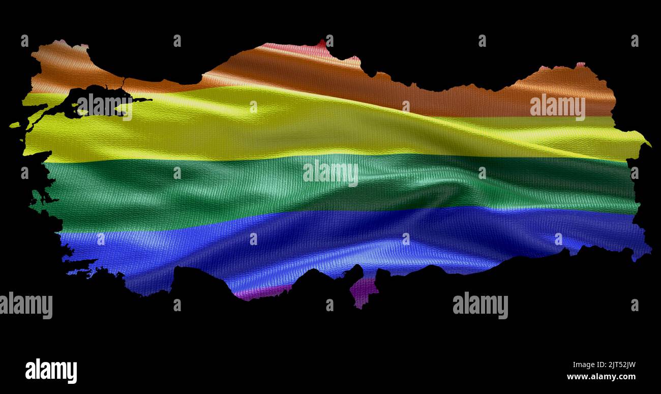 Territoire de la Turquie contour de la forme avec le drapeau arc-en-ciel LGBT sur fond noir. Banque D'Images