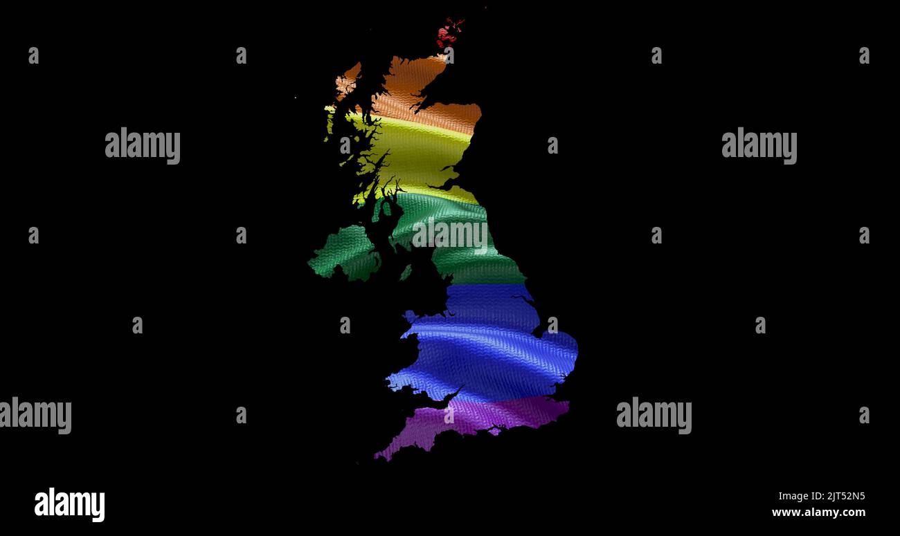 Territoire du Royaume-Uni contour de la forme avec le drapeau arc-en-ciel LGBT sur fond noir. Banque D'Images Territoire du Royaume-Uni contour de la forme avec le drapeau arc-en-ciel LGBT sur fond noir. Banque D'Images