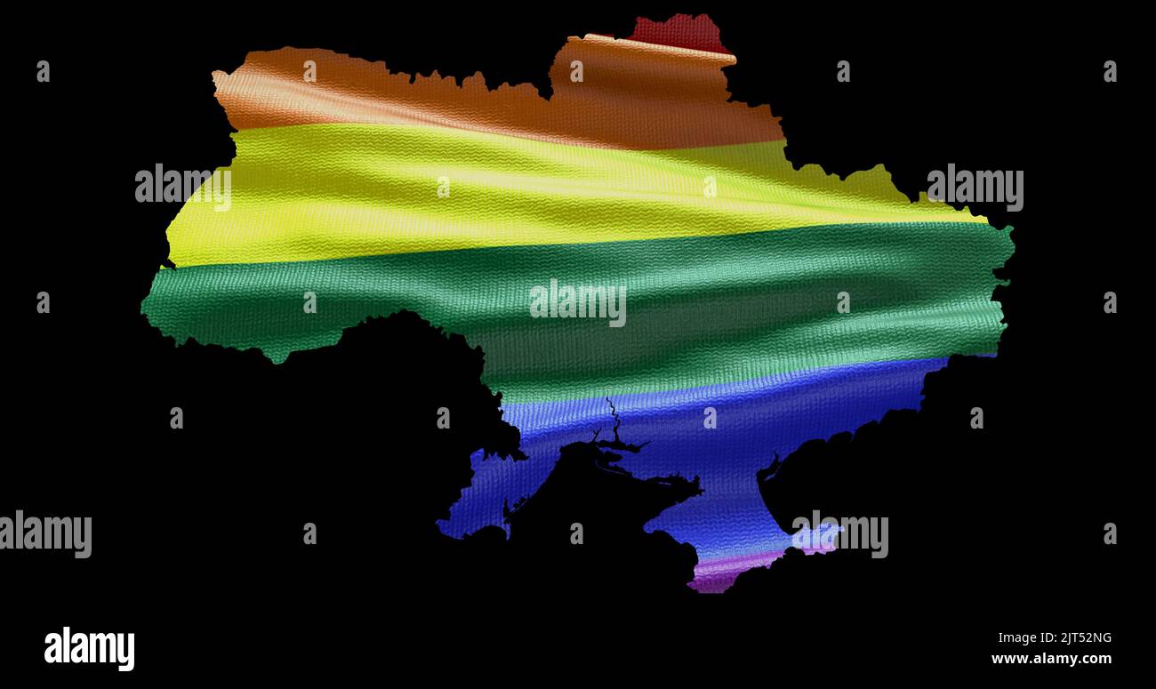 Territoire du pays de l'Ukraine contour forme avec le drapeau arc-en-ciel LGBT sur fond noir. Banque D'Images