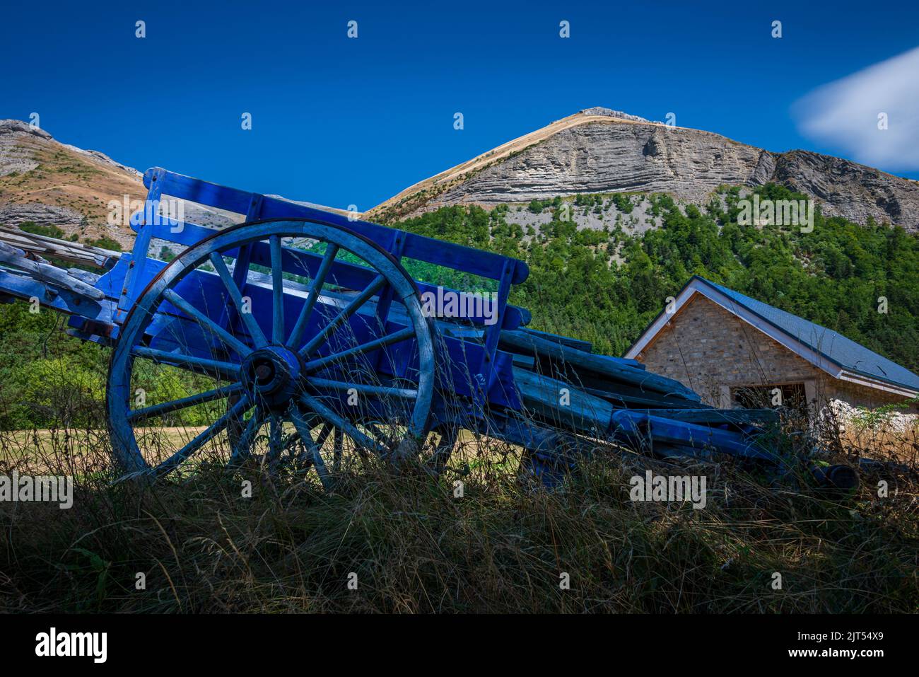 Vieux chariot ou chariot bleu dans un champ avec les alpes françaises en arrière-plan , lus la croix haute , France , destination de vacances . Banque D'Images